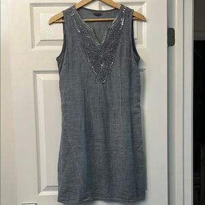 Chic Sleeveless Grayish blue linen Dress with Embellished Neckline